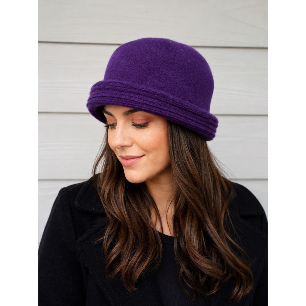 Preston & York Purple 100% Wool Rolled Brim Cloche Hat One Size Y2K